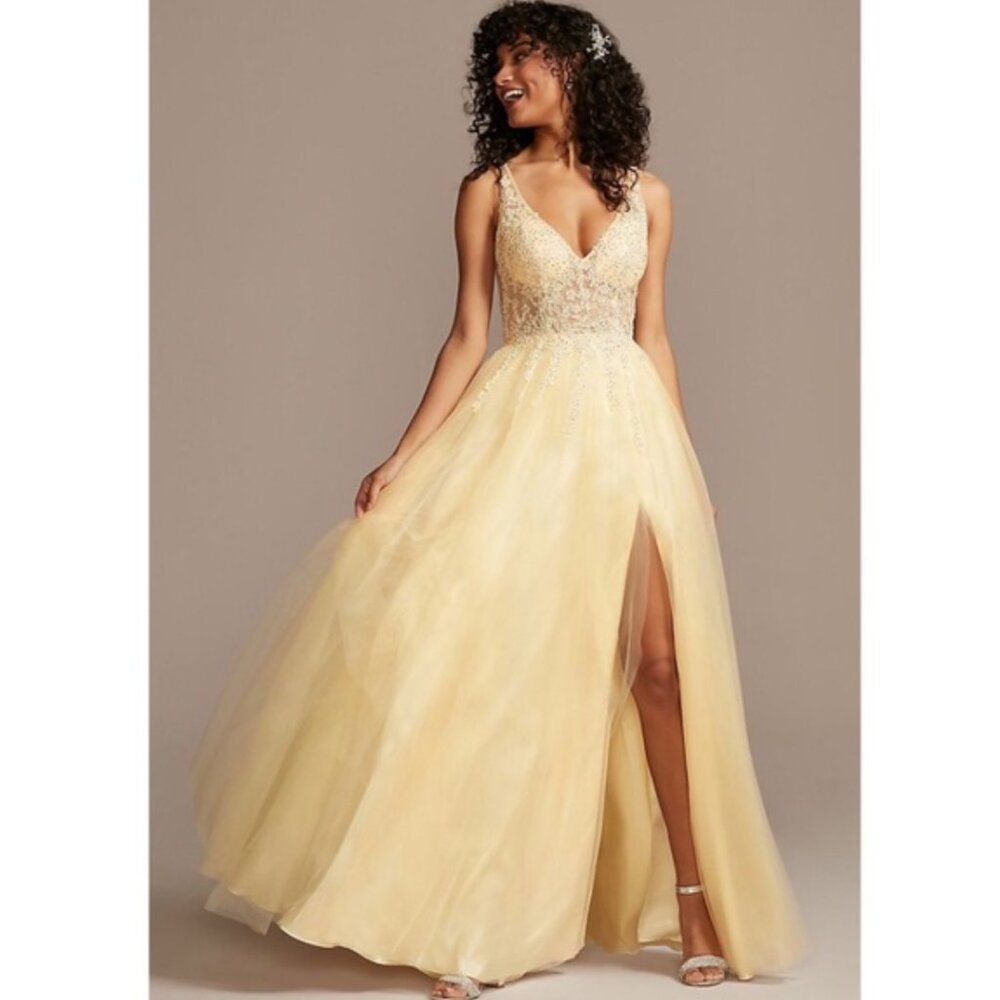 Blondie Nites Yellow Bodice Tulle Ball Gown with Lace